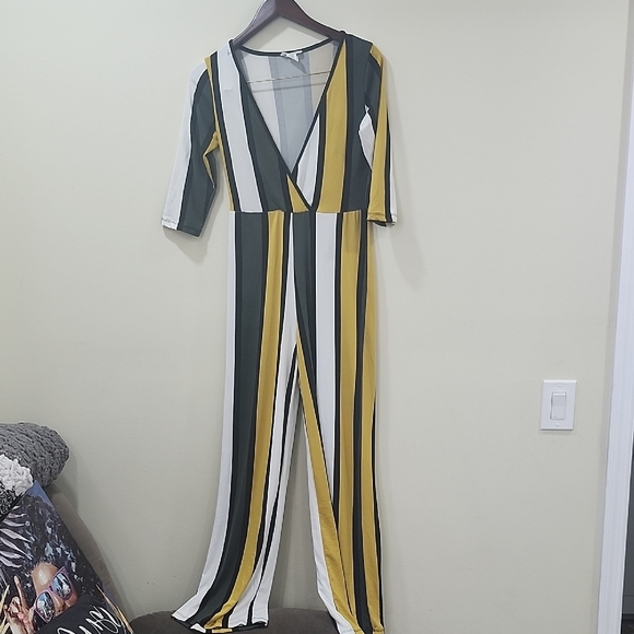 Capella Green and Yellow Striped Jumpsuit with Wide-Leg Silhouette - Picture 2 of 13